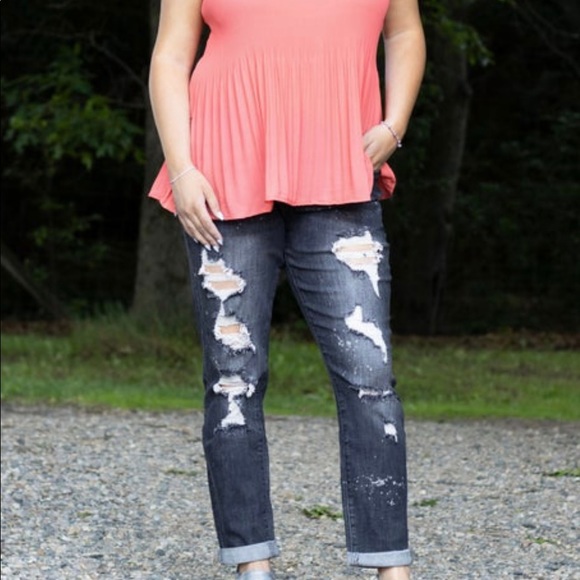 NWT JUDY BLUE Mid Rise Distressed Bleach Splashed  Boyfriend Fit Black Jeans - Picture 10 of 11
